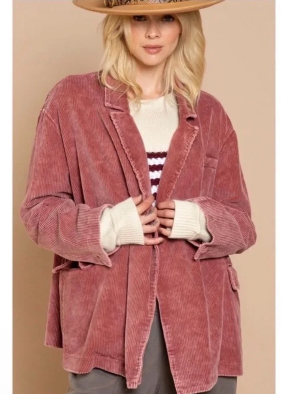NWOT POL Open Front Oversized Corduroy Blazer Shacket in Dusty Rose Pink Women S - Picture 2 of 11